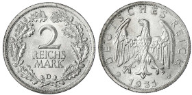 Kursmünzen
2 Reichsmark, Silber 1925-1931
1931 D. fast Stempelglanz, Prachtexemplar. Jaeger 320.
