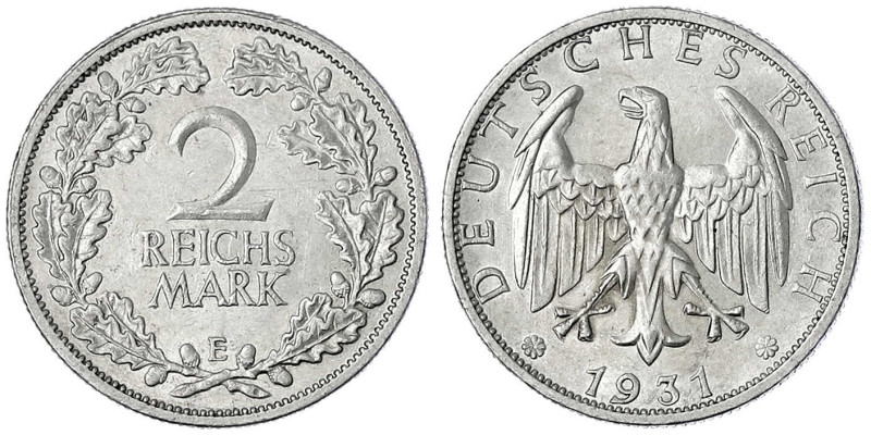 Kursmünzen
2 Reichsmark, Silber 1925-1931
1931 E. gutes vorzüglich. Jaeger 320...