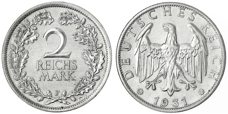 Kursmünzen
2 Reichsmark, Silber 1925-1931
1931 F. vorzüglich. Jaeger 320.