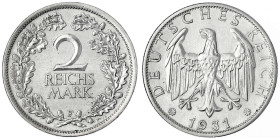 Kursmünzen
2 Reichsmark, Silber 1925-1931
1931 F. vorzüglich. Jaeger 320.