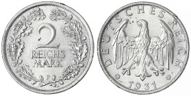 Kursmünzen
2 Reichsmark, Silber 1925-1931
1931 F. vorzüglich/Stempelglanz, kl. Randfehler. Jaeger 320.