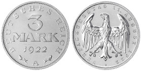 Kursmünzen
3 Mark, Aluminium mit Umschrift 1922-1923
1922 A. Polierte Platte, leicht berührt. Jaeger 303.