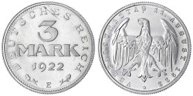 Kursmünzen
3 Mark, Aluminium mit Umschrift 1922-1923
1922 E. Polierte Platte, Prachtexemplar. Jaeger 303.