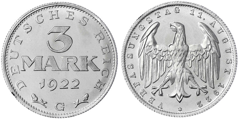 Kursmünzen
3 Mark, Aluminium mit Umschrift 1922-1923
1922 G. Polierte Platte, ...