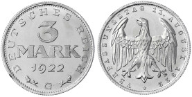 Kursmünzen
3 Mark, Aluminium mit Umschrift 1922-1923
1922 G. Polierte Platte, winz. Randfehler, selten. Jaeger 303.