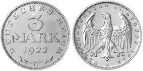 Kursmünzen
3 Mark, Aluminium mit Umschrift 1922-1923
1922 J. Polierte Platte, kl. Kratzer, selten. Jaeger 303.