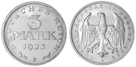 Kursmünzen
3 Mark, Aluminium mit Umschrift 1922-1923
1923E Polierte Platte, min. berührt. Jaeger 303.
