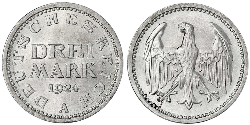 Kursmünzen
3 Mark, Silber 1924-1925
1924 A. fast Stempelglanz, Prachtexemplar....