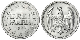 Kursmünzen
3 Mark, Silber 1924-1925
1924 A. prägefrisch/fast Stempelglanz. Jaeger 312.