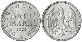 Kursmünzen
3 Mark, Silber 1924-1925
1924 G. fast Stempelglanz. Jaeger 312.
