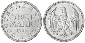 Kursmünzen
3 Mark, Silber 1924-1925
1924 G. vorzüglich, leicht berieben. Jaeger 312.