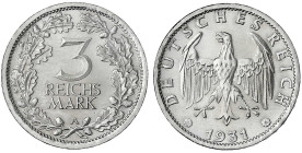 Kursmünzen
3 Reichsmark, Silber 1931-1933
1931 A. fast Stempelglanz, Prachtexemplar. Jaeger 349.