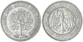 Kursmünzen
5 Reichsmark Eichbaum Silber 1927-1933
1927 E. fast vorzüglich. Jaeger 331.