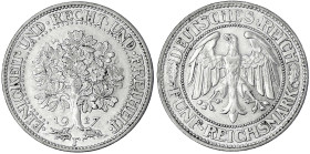 Kursmünzen
5 Reichsmark Eichbaum Silber 1927-1933
1927 F. vorzüglich, winz. Randfehler. Jaeger 331.