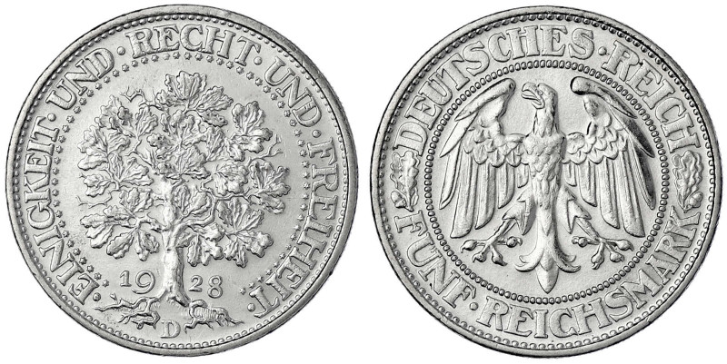 Kursmünzen
5 Reichsmark Eichbaum Silber 1927-1933
1928 D. vorzüglich, winz. Ra...