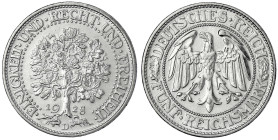 Kursmünzen
5 Reichsmark Eichbaum Silber 1927-1933
1928 D. vorzüglich, winz. Randfehler und etwas berieben. Jaeger 331.
