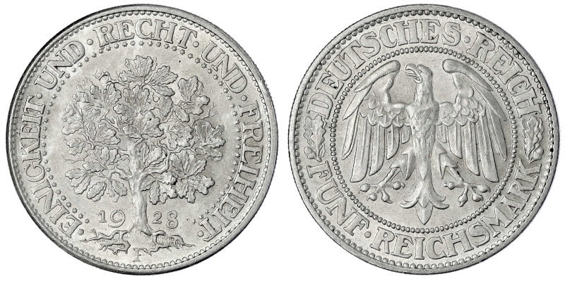 Kursmünzen
5 Reichsmark Eichbaum Silber 1927-1933
1928 E. fast Stempelglanz, k...