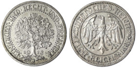 Kursmünzen
5 Reichsmark Eichbaum Silber 1927-1933
1928 J. vorzüglich, feine Tönung. Jaeger 331.