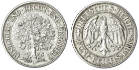 Kursmünzen
5 Reichsmark Eichbaum Silber 1927-1933
1928 J. sehr schön, etwas berieben. Jaeger 331.