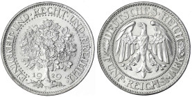 Kursmünzen
5 Reichsmark Eichbaum Silber 1927-1933
1929 F. prägefrisch/fast Stempelglanz. Jaeger 331.