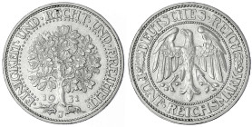 Kursmünzen
5 Reichsmark Eichbaum Silber 1927-1933
1931 J. vorzüglich/Stempelglanz, kl. Randfehler. Jaeger 331.