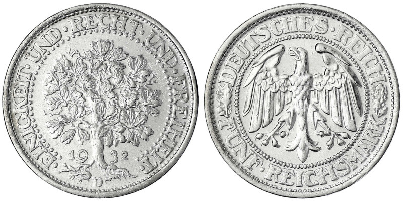 Kursmünzen
5 Reichsmark Eichbaum Silber 1927-1933
1932 D. vorzüglich, kl. Rand...