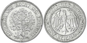 Kursmünzen
5 Reichsmark Eichbaum Silber 1927-1933
1932 E. prägefrisch/fast Stempelglanz, kl. Randfehler. Jaeger 331.
