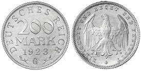 Kursmünzen
200 Mark, Aluminium 1923
1923 G. Polierte Platte. Jaeger 304.