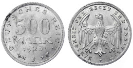 Kursmünzen
500 Mark, Aluminium 1923
1923 J. prägefrisch, leichter Fleck. Jaeger 305.
