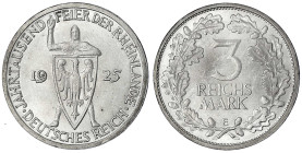 Gedenkmünzen
3 Reichsmark Rheinlande
1925 E. prägefrisch/fast Stempelglanz. Jaeger 321.
