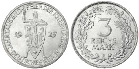 Gedenkmünzen
3 Reichsmark Rheinlande
1925 E. prägefrisch/fast Stempelglanz. Jaeger 321.