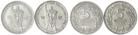 Gedenkmünzen
5 Reichsmark Rheinlande
2 Stück: 1925 A und D. vorzüglich, kl. Randfehler und sehr schön, Kratzer. Jaeger 322.