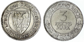 Gedenkmünzen
3 Reichsmark Lübeck
1926 A. sehr schön/vorzüglich, kl. Kratzer und Randfehler, leichte Patina. Jaeger 323.