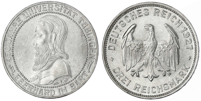 Gedenkmünzen
3 Reichsmark Tübingen
1927 F. vorzüglich/Stempelglanz. Jaeger 328...