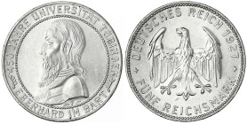 Gedenkmünzen
5 Reichsmark Tübingen
1927 F. prägefrisch/fast Stempelglanz, selten in dieser Erhaltung. Jaeger 329.