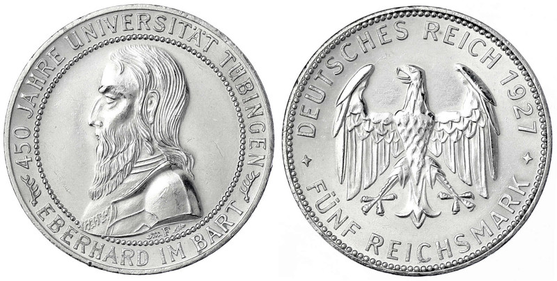 Gedenkmünzen
5 Reichsmark Tübingen
1927 F. gutes vorzüglich, etwas berieben, w...