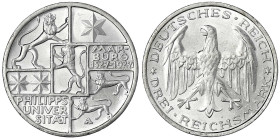 Gedenkmünzen
3 Reichsmark Marburg
1927 A. prägefrisch/fast Stempelglanz. Jaeger 330.