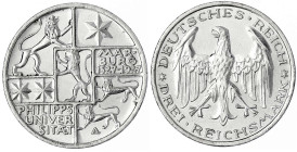 Gedenkmünzen
3 Reichsmark Marburg
1927 A. vorzüglich, kl. Kratzer. Jaeger 330.