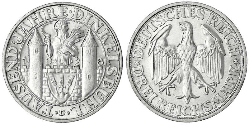 Gedenkmünzen
3 Reichsmark Dinkelsbühl
1928 D. fast Stempelglanz, Prachtexempla...