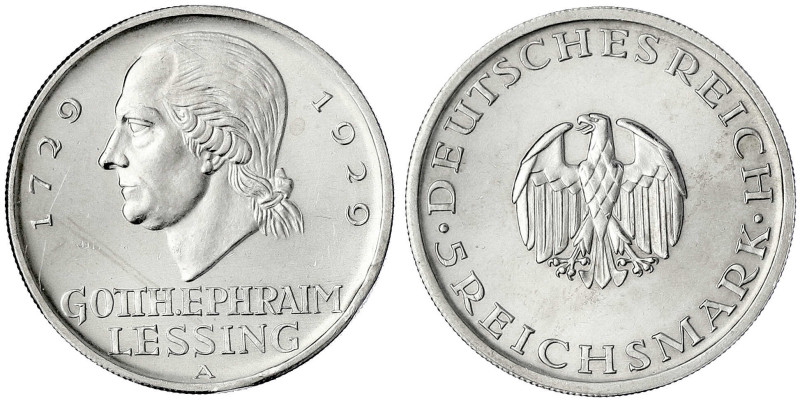 Gedenkmünzen
5 Reichsmark Lessing
1929 A. vorzüglich/Stempelglanz, Randfehler....