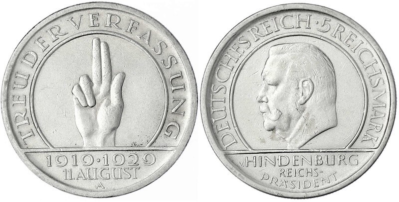 Gedenkmünzen
5 Reichsmark Schwurhand
1929 A. gutes vorzüglich. Jaeger 341.