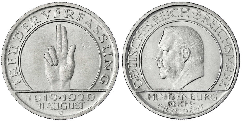 Gedenkmünzen
5 Reichsmark Schwurhand
1929 D. vorzüglich/Stempelglanz. Jaeger 3...