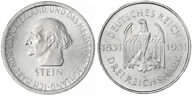 Gedenkmünzen
3 Reichsmark Stein Reichsfreiherr
1931 A. fast Stempelglanz. Jaeg...