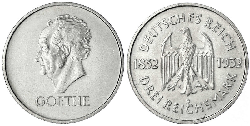 Gedenkmünzen
3 Reichsmark Goethe
1932 D. vorzüglich, etwas berieben. Jaeger 35...