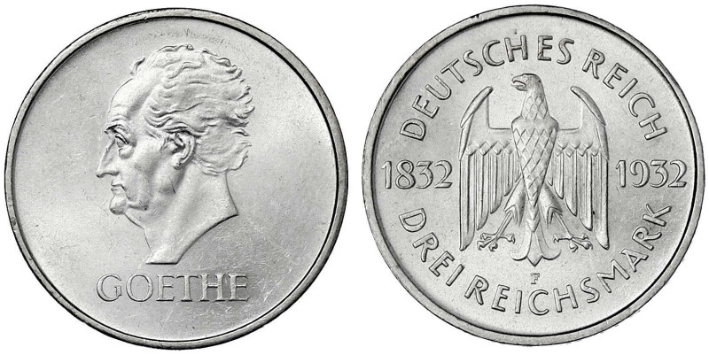 Gedenkmünzen
3 Reichsmark Goethe
1932 F. prägefrisch/fast Stempelglanz. Jaeger...