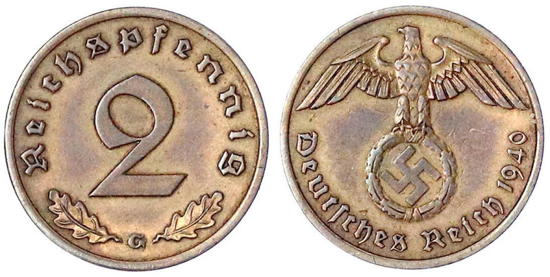 Klein/- und Kursmünzen
2 Reichspfennig Hakenkreuz 1936-1940
1940 G. gutes sehr...