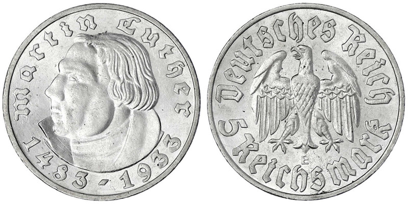 Gedenkmünzen
5 Reichsmark Luther
1933 E. prägefrisch/fast Stempelglanz. Jaeger...