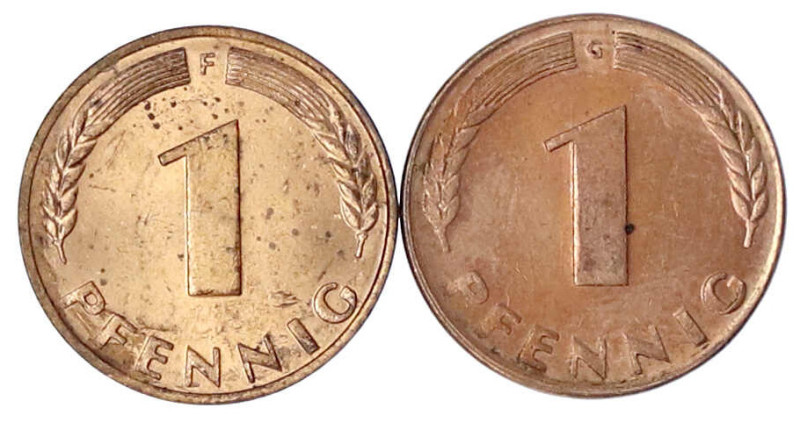 Kursmünzen
1 Pfennig, Eisen, Kupfer platt, 1948-2001
2 Stück: 1948 F und G. fa...