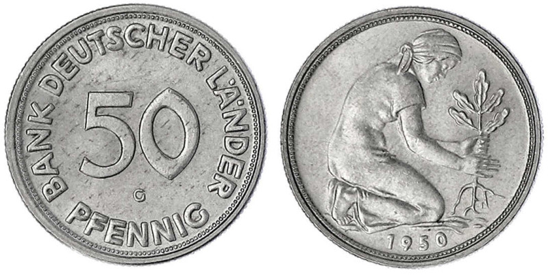 Kursmünzen
50 Pfennig, Kupfer/Nickel 1949-2001
1950 G, Bank Deutscher Länder. ...