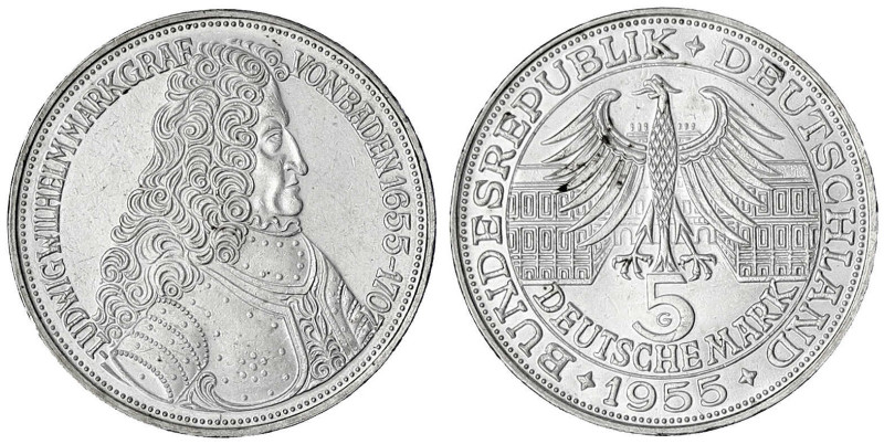 Gedenkmünzen
5 Deutsche Mark, Silber, 1952-1979
Markgraf von Baden 1955 G. fas...